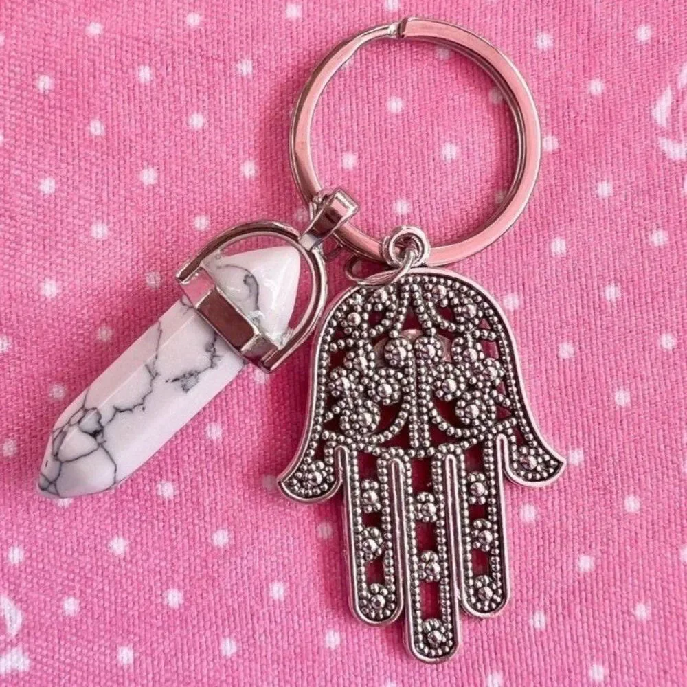 Evil Eye Hamsa Howlite Crystal Gemstone Keychain